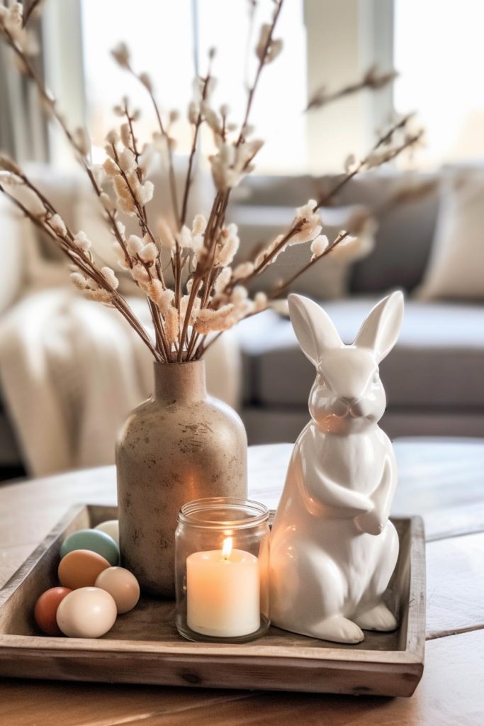 Cute and rustic elements come together in this neutral Easter decoration idea: a loveable white bunny, a burning candle in a glass jar, cotton flowers on a wooden tray and Easter eggs in soft, subtle tones.