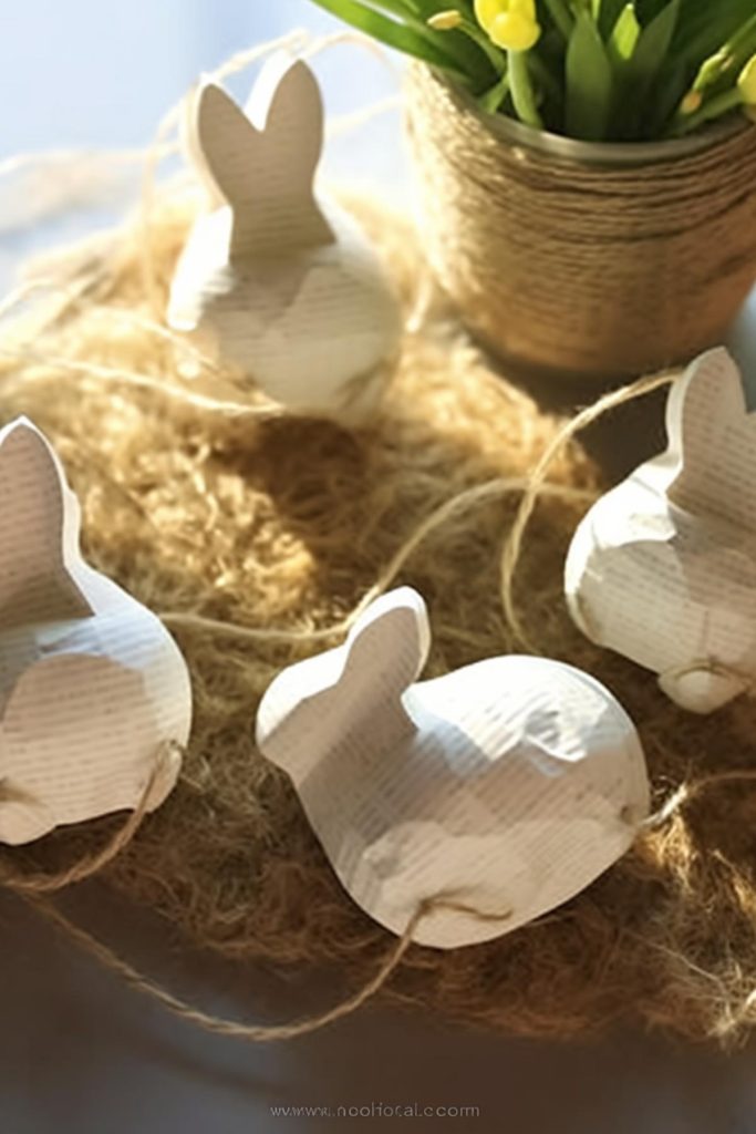 Strung together on twine, these paper bunnies hop across a bed of dried moss next to a small burlap-wrapped flowerpot - evoking the playful spirit of the season.