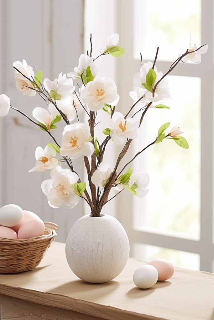 Magnificent white magnolias with their towering branches stand proudly in a white clay pot, complemented by a woven basket filled with light pink and white Easter eggs.