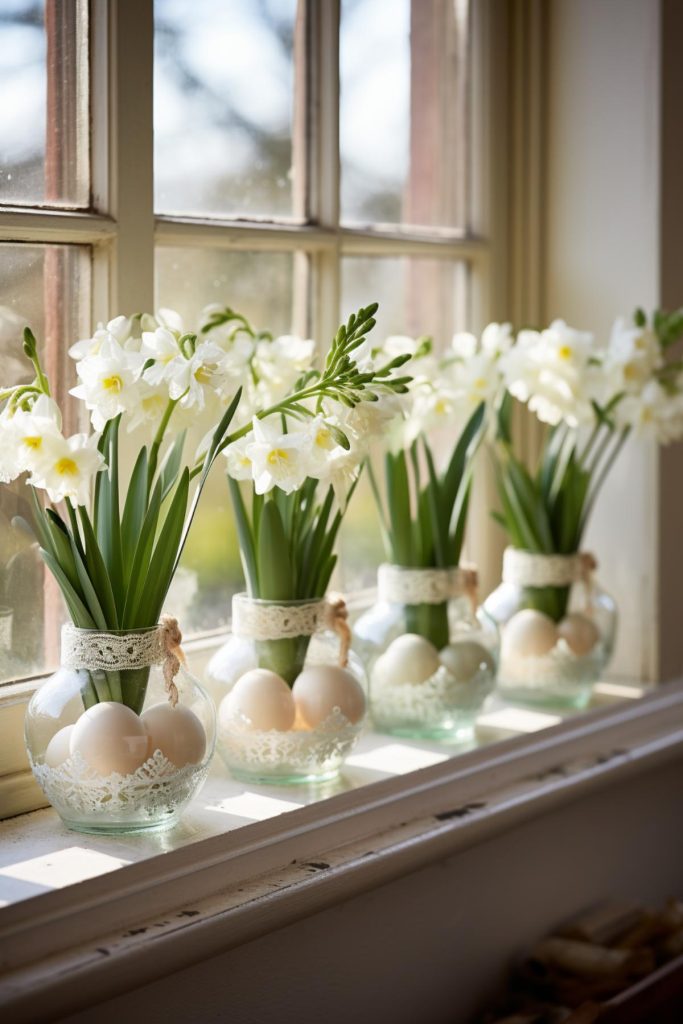 Glass jars with delicate white lace trim and white paper daffodils give you a classic look with a touch of fresh, spring-like grace. Each jar also contains light brown Easter eggs to stay on theme.