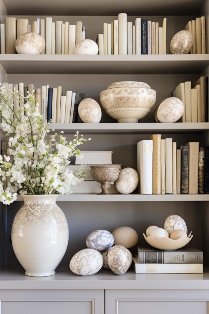 The light gray bookshelf serves as an elegant backdrop for a series of marbled Easter eggs in taupe, gray, and gold, paired with books, a large, textured ceramic vase with white flowers, and an heirloom ornamental planter.