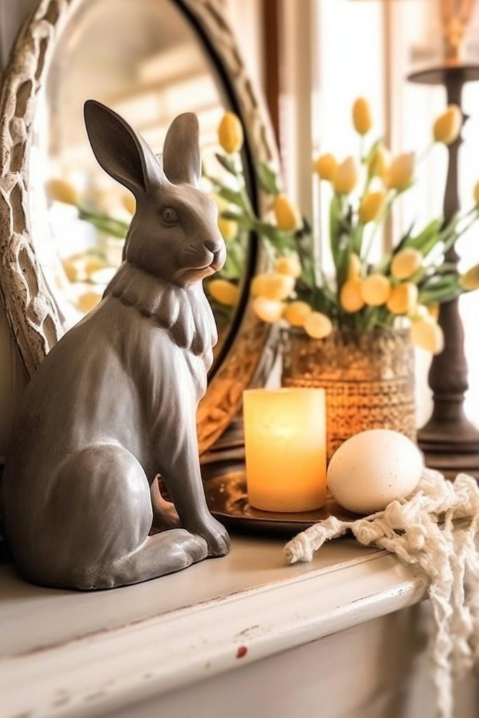 A dark taupe bunny statuette takes center stage in this neutral Easter decor idea, accompanied by a tray with an Easter egg, a vase of sunny yellow flowers and a beautiful candle. 