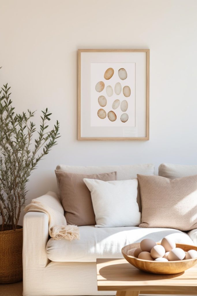 A bright throw invites you to spend cozy moments and have lively conversations on the couch, while a wooden bowl filled with light brown Easter eggs adorns the table and creates a warm, homely atmosphere.