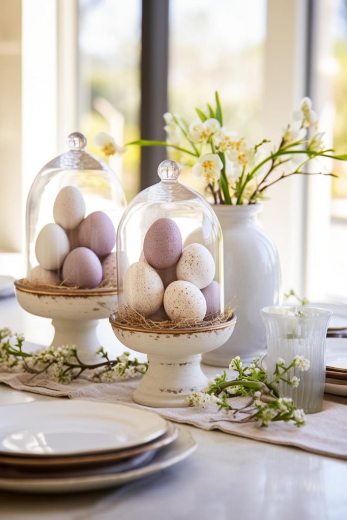 Impress your guests at your Easter gathering with a display of speckled eggs in decorative bowls, each safely protected by a glass dome. 