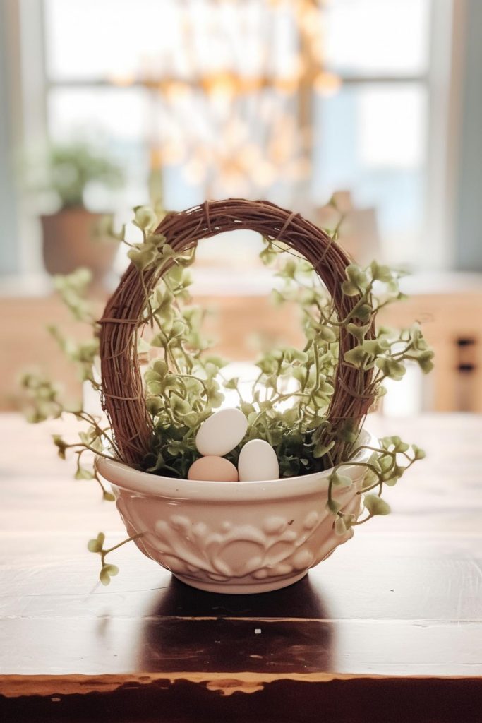 This exquisitely designed white ceramic bowl features Easter eggs and a rustic brown vine wreath with green leaves wrapped around the base, creating a calm, harmonious presentation.