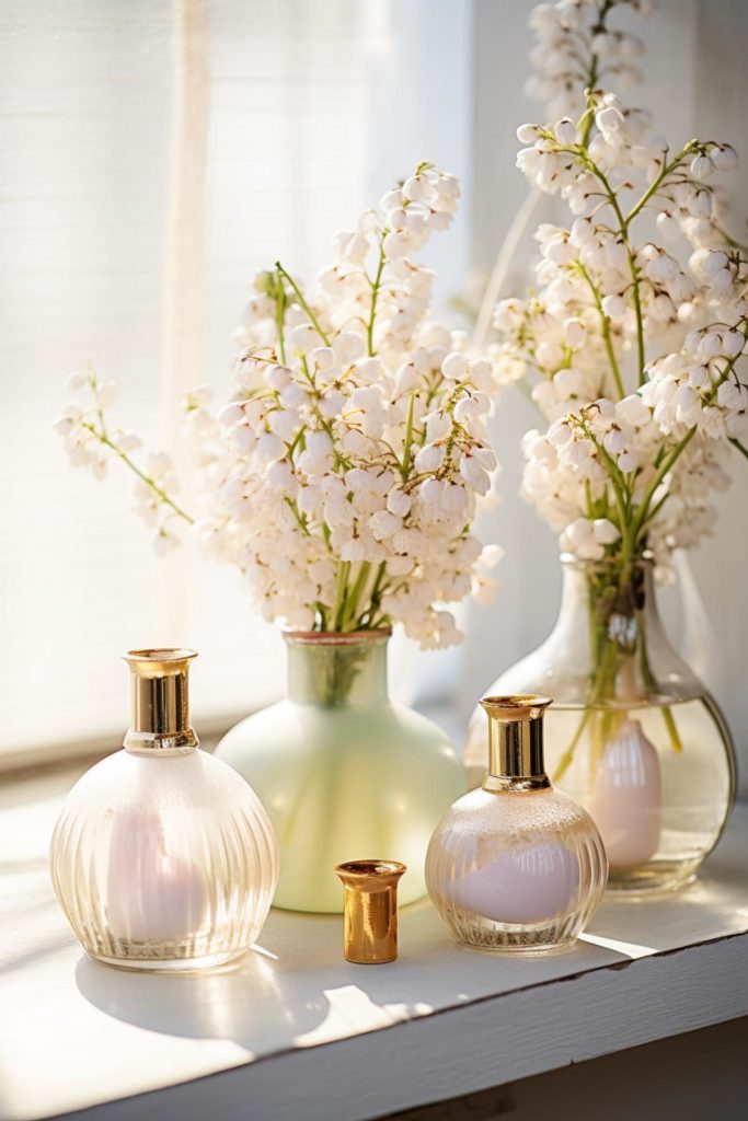 Breathe in the scent of spring renewal by decorating your space with high-quality glass perfume bottles and cotton flowers in jars. 