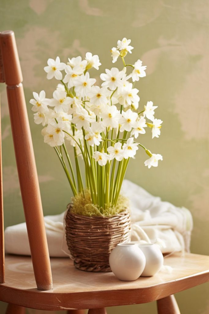 Fill a dark brown rattan vase with bright white daffodils, accented by two small white glasses. The result? A tapestry of natural textures and spring joy.