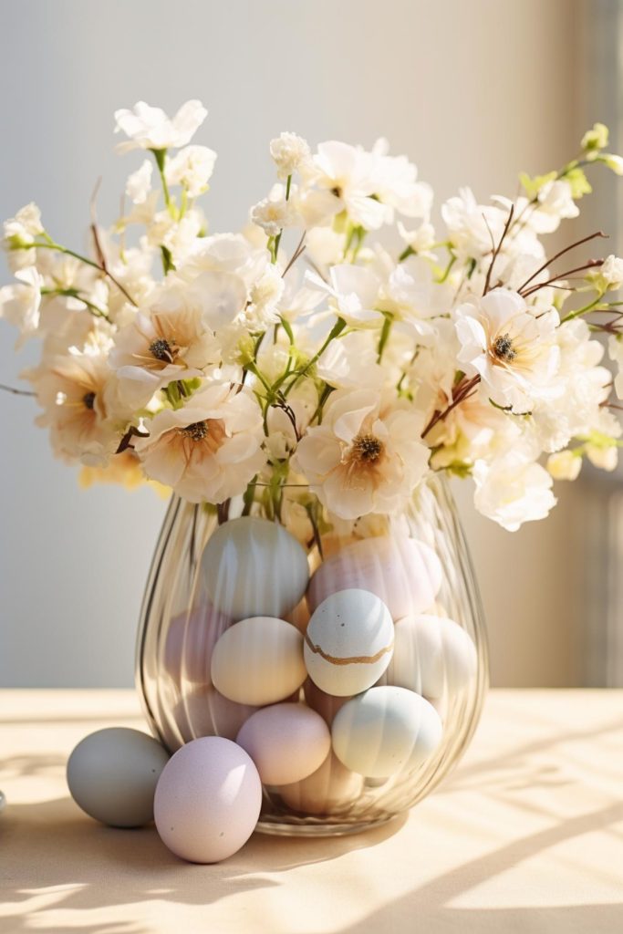 With their simplicity and DIY-friendly design, these pastel Easter eggs and white paper flowers in a clear glass jar have an irresistibly radiant charm. 