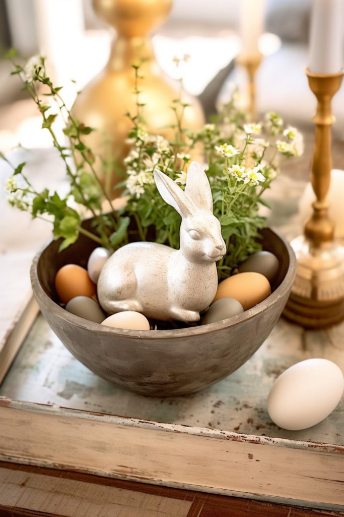 Nestled in a weathered gray ceramic bowl, a smiling white Easter bunny frolicks among hand-painted gray, white and light orange eggs and sprigs of flowers. 