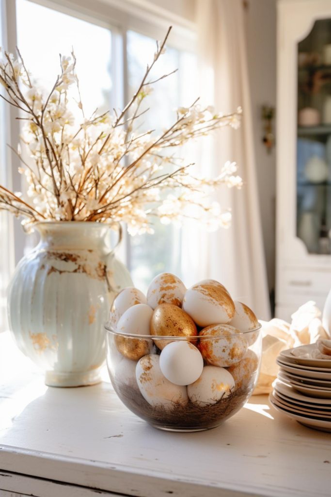 The gold leaf flecks add an instant style upgrade to the simple white Easter eggs on a bird's nest and a porcelain vase with white flowers and branches.