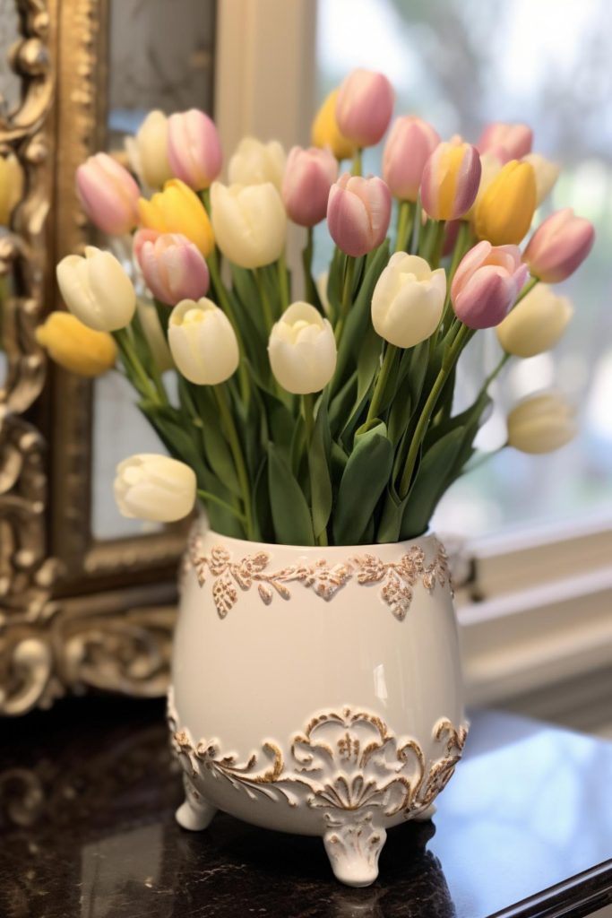 Colorful white, yellow and pink artificial tulips emerge from an ornate white vase, with antique-style embossed details adding a vintage aesthetic to the overall design.