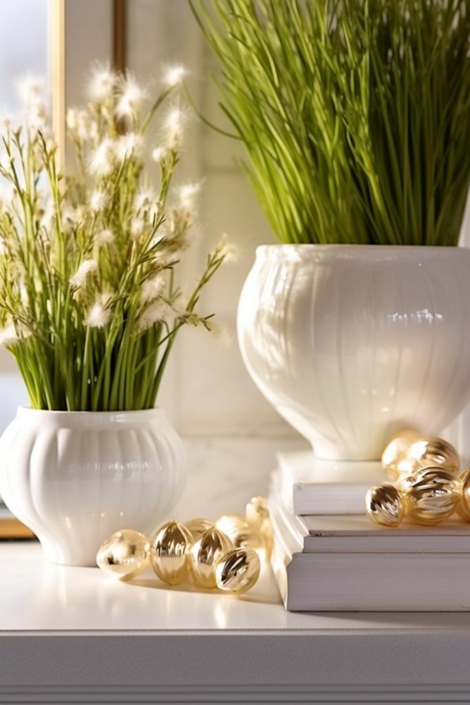 This Easter table setting - feathery cottongrass in a large white ceramic vase and scattered shiny gold balls - is ideal for a refreshing aesthetic with a touch of opulence.