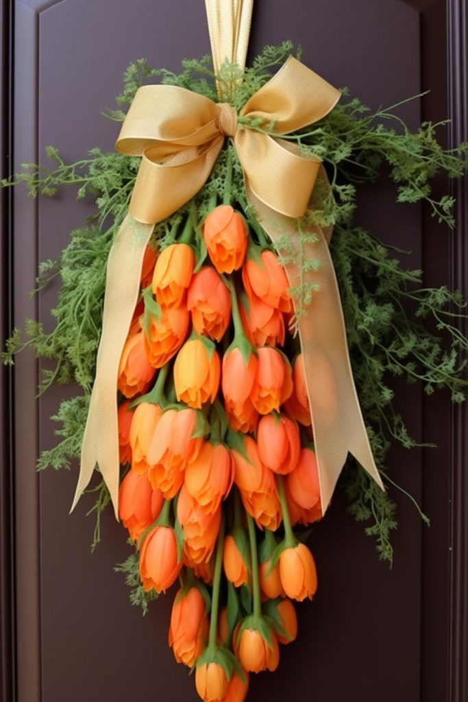 Welcome Easter to your door with this floral decor, featuring a cascade of orange tulips mingling with lush green leaves and hanging from a beautiful gold ribbon.