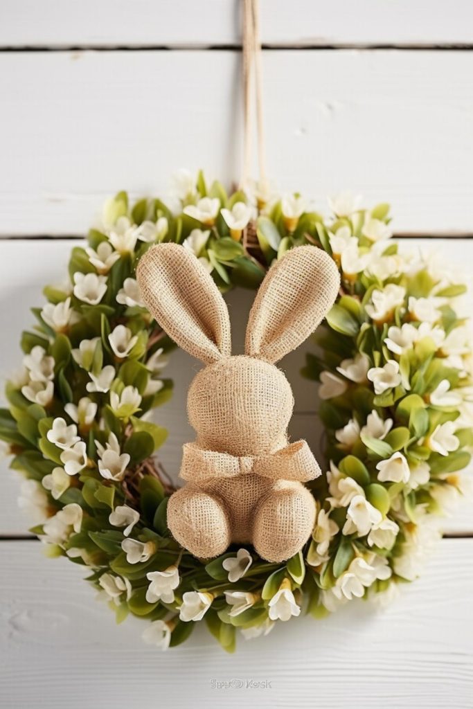 An adorable rattan bunny with an adorable little bow takes center stage on this decorative Easter wreath, bursting with lush greenery and pristine white blooms.