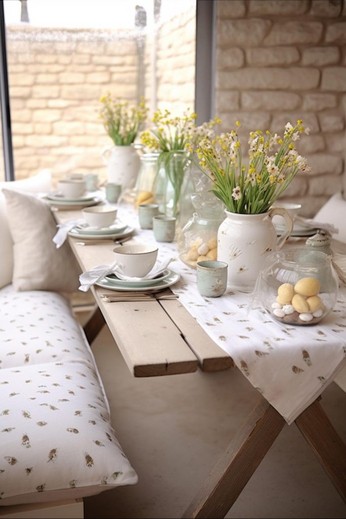 Delight your guests with a rustic dining experience with ceramic pitchers decorated with dainty yellow and white flowers and glass bowls filled with cheerful yellow Easter eggs, all brought together by a white runner with delicate gold flecks and matching pillowcases.