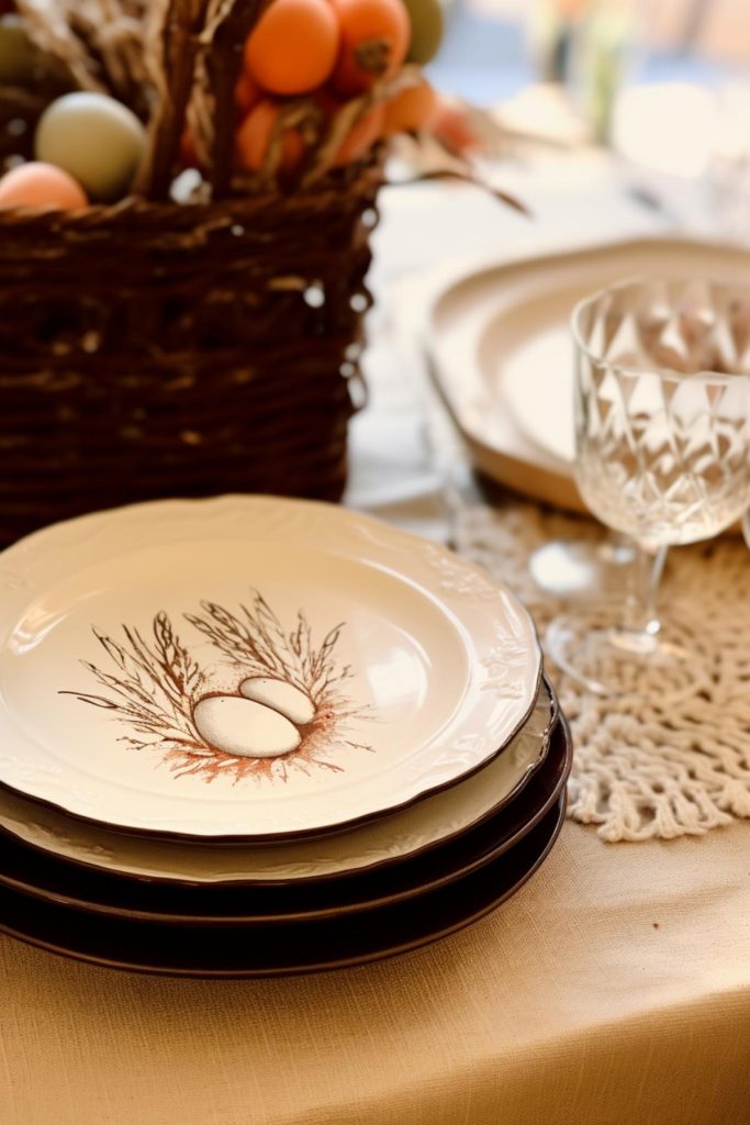 A decorative plate with painted eggs and branches from a bird's nest can help you celebrate Easter in style