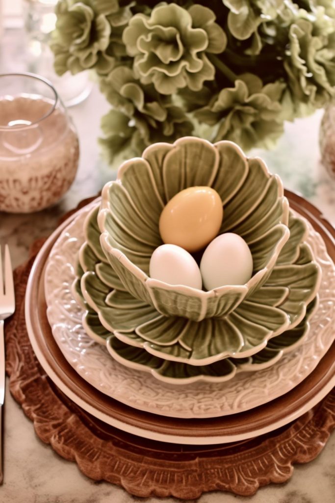 This dining room display features green ceramic plates shaped like leaves and a matching bowl with a nest full of Easter eggs for a lovely spring feast.