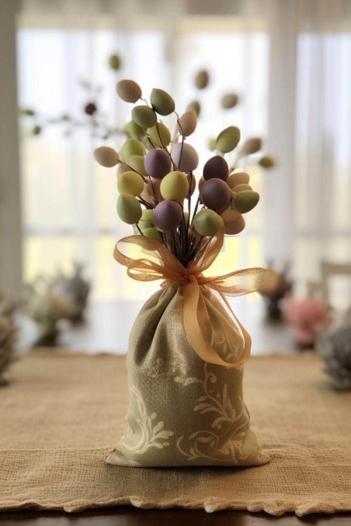 To add a more natural, textured touch to the previous design, try a woven gift bag in neutral colors decorated with elegant swirls and leaves and tied with a sheer yellow ribbon.