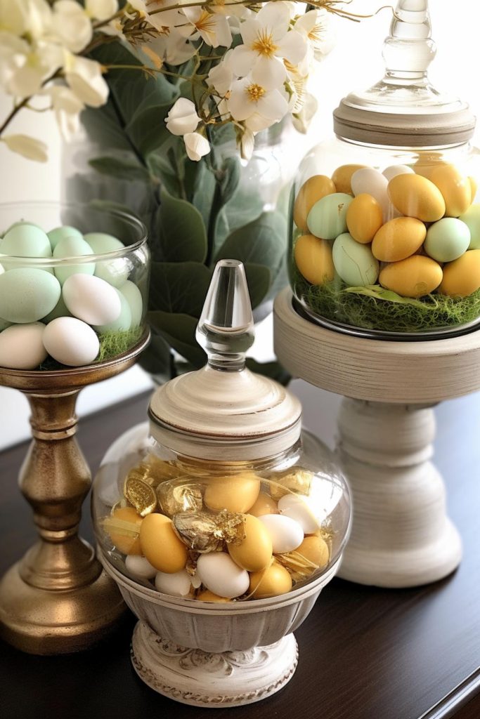 These yellow, white, gold and mint green Easter eggs rest on regal gold candlesticks and decorative stands under glass domes for a display of ultimate holiday sophistication.