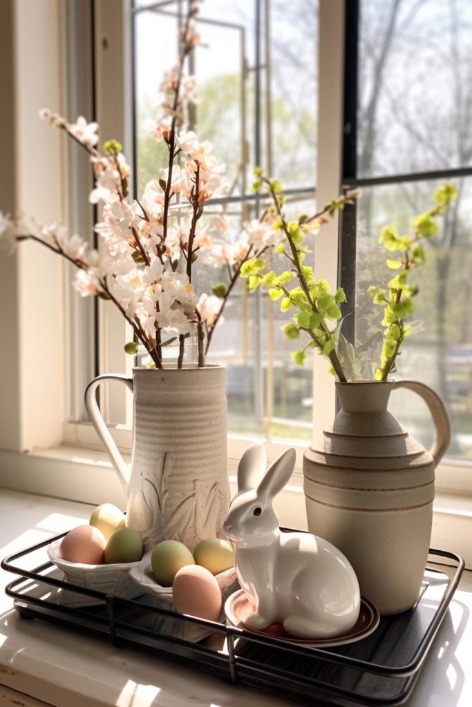 An elegant black steel tray holds timeless spring decorations and Easter treasures: a porcelain bunny, a mix of pastel-colored eggs and fresh spring blossoms in rustic cream-colored jugs.