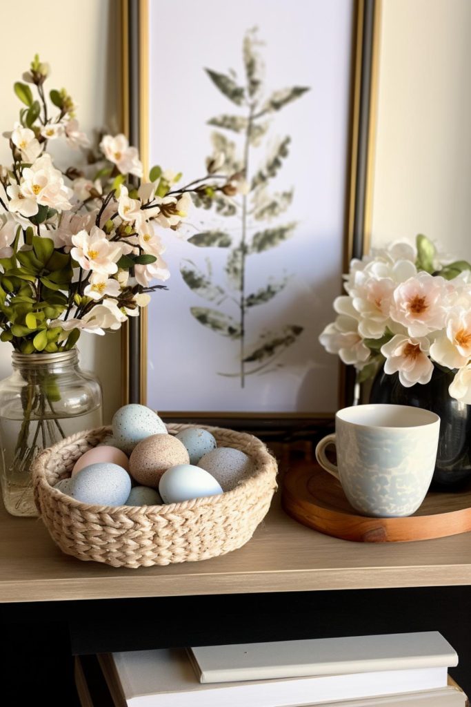 This design is all about country elegance with an ensemble of speckled light blue, white and tan eggs in a woven basket, leaf art in a gold frame, white flowers in a mason jar and a light blue cup - all presented on a <a href=