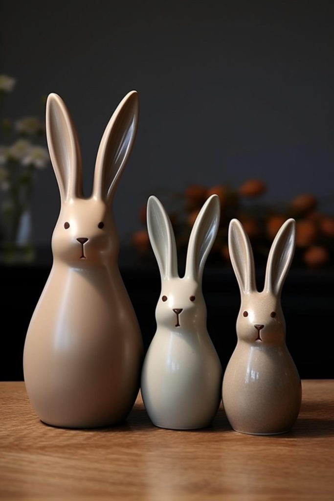 Three adorable Easter bunnies in taupe and beige are perfect for a neutral Easter decoration that is simultaneously playful and relaxed, letting you indulge your childish whim without compromising on style.