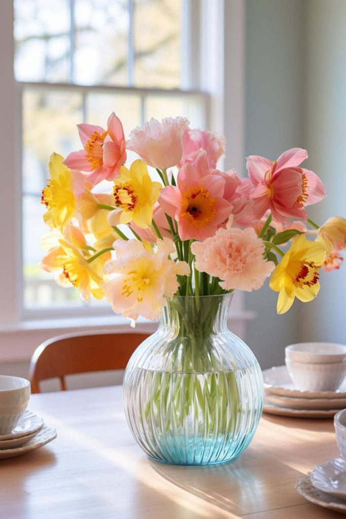 A clear glass vase with pink, yellow and white flowers sits on a wooden table set with white dishes and cups. A window in the background lets in natural light.