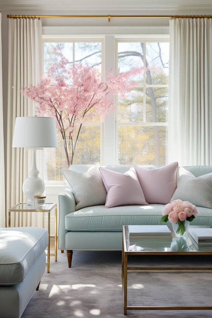 A bright living room with a light sofa and pink pillows, a glass coffee table with pink flowers, white curtains, a floor lamp and a large window with a view of flowering trees.