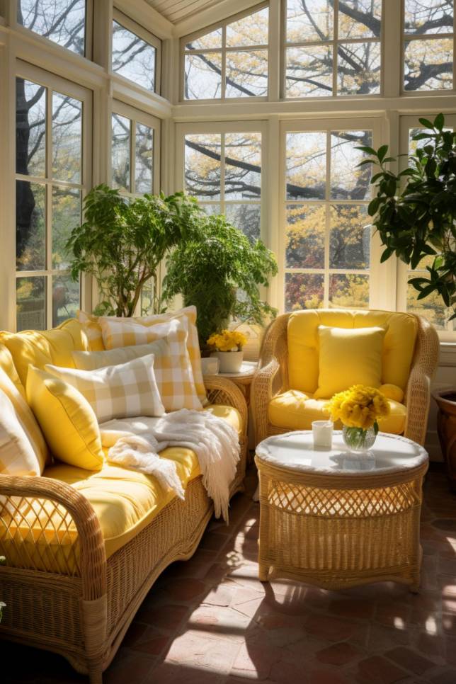 A sunlit conservatory with wicker furniture adorned with yellow cushions and checkered cushions. Potted plants and flowers are scattered around the room. Light streams through large window panes.