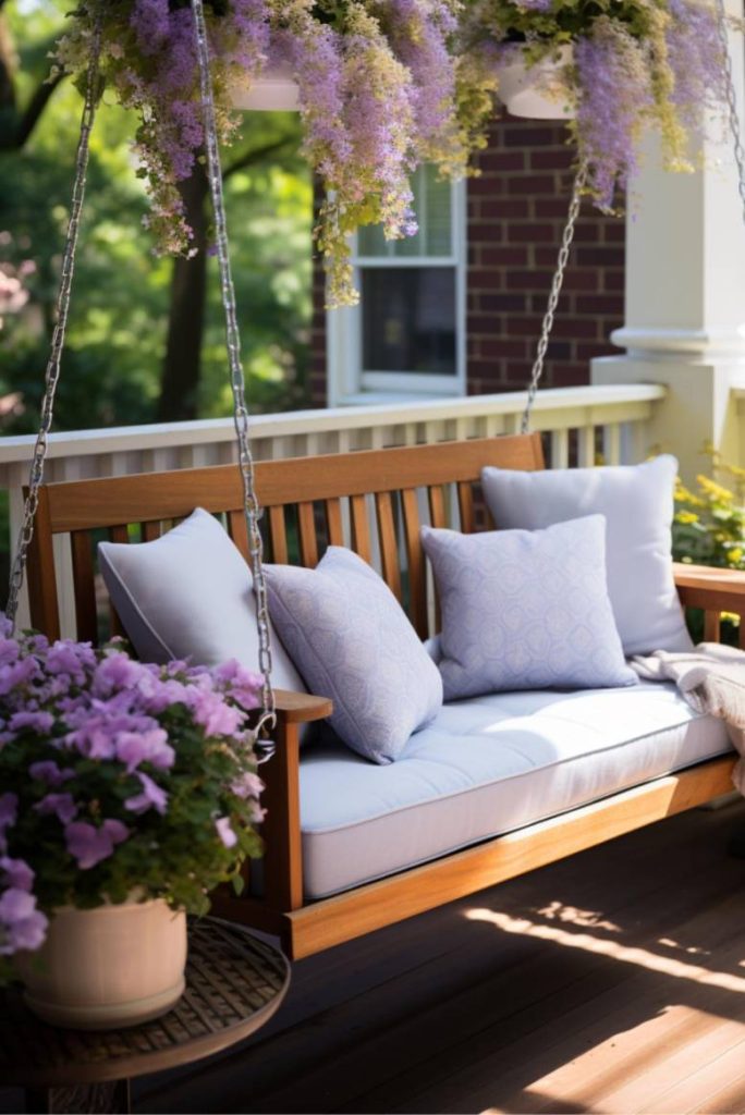 A wooden porch swing with white upholstery and cushions is suspended on chains. A waterfall of purple flowers hangs above. A potted plant with purple flowers sits on a nearby side table.