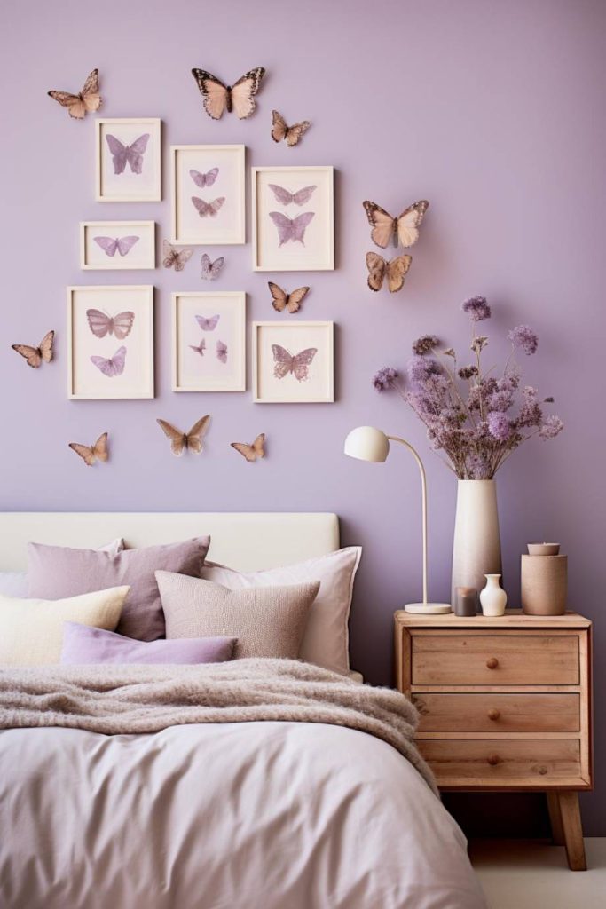 A bedroom with a light wooden bedside table, a white lamp and a vase with purple flowers. Butterfly-themed wall art and decorations adorn a lavender wall above a neatly made bed with neutral pillows.