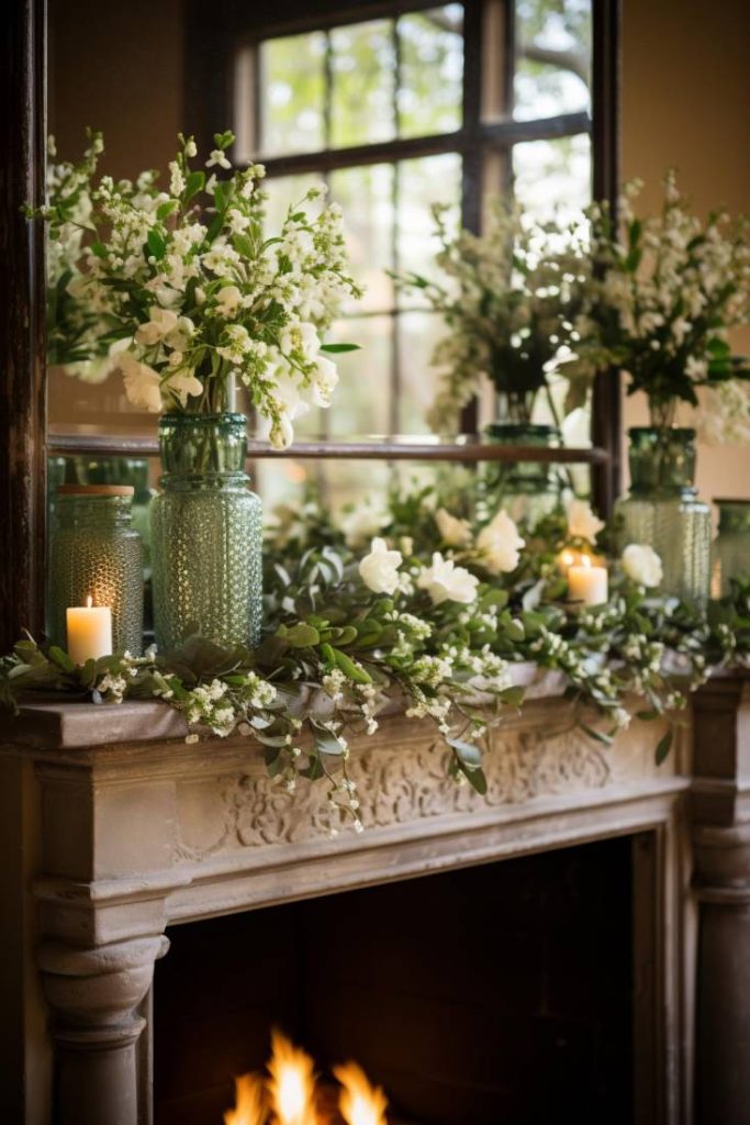 A decorated mantel with green glass vases full of white flowers surrounded by greenery and lit candles.