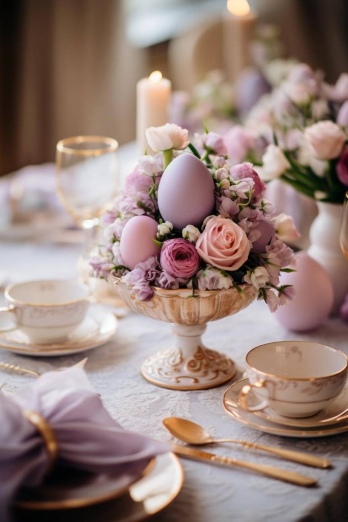 Elegant table setting with pastel flowers and eggs as the centerpiece, surrounded by fine china, gold utensils and candles.