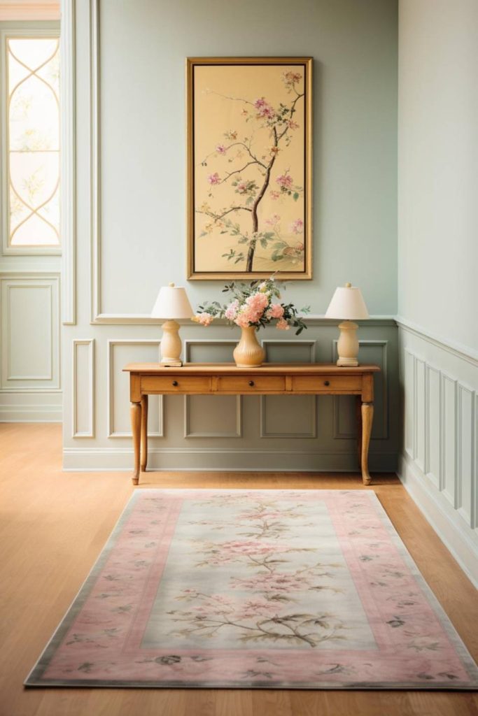 In an elegant hallway there is a wooden console table with two lamps and a flower vase. A botanical painting hangs above the table. There is a pastel-colored carpet with a floral pattern on the wooden floor.