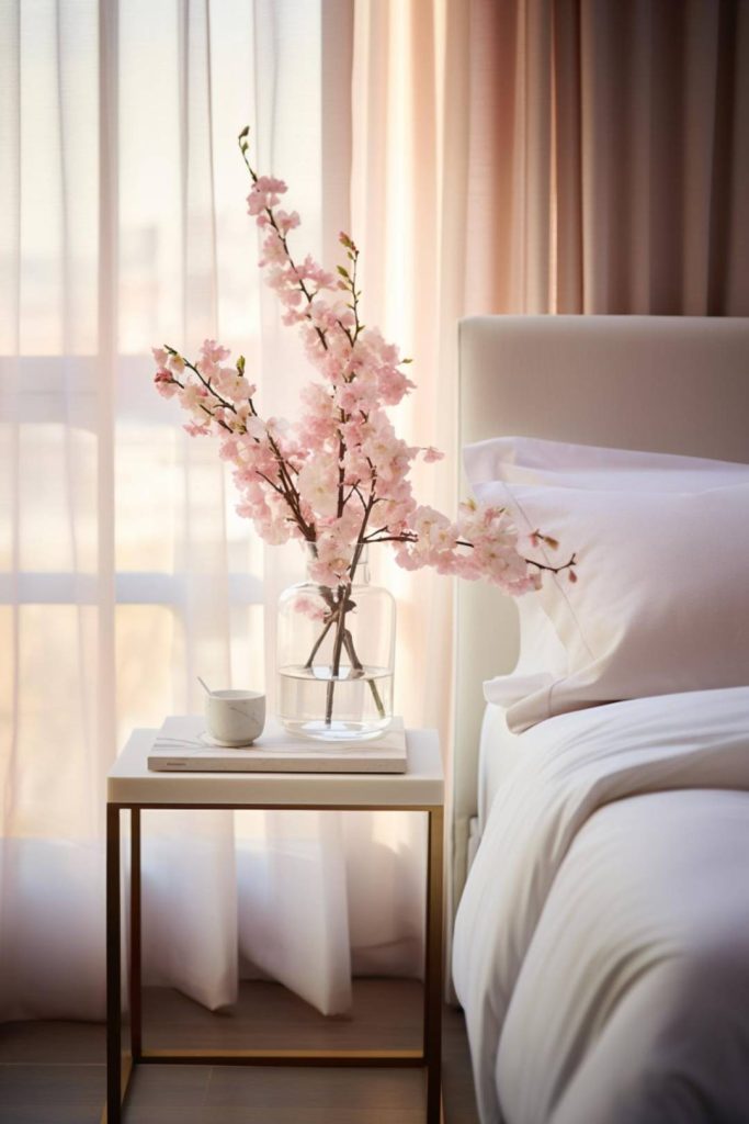 A glass vase with pink flowers sits on a bedside table, next to a bed with white sheets. Soft light filters through transparent curtains in the background.