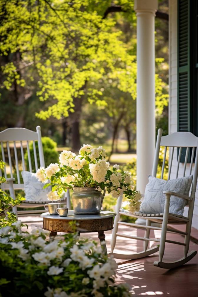 A sunny porch with two white rocking chairs, a small table with white flowers in a metal pot and green foliage in the background.