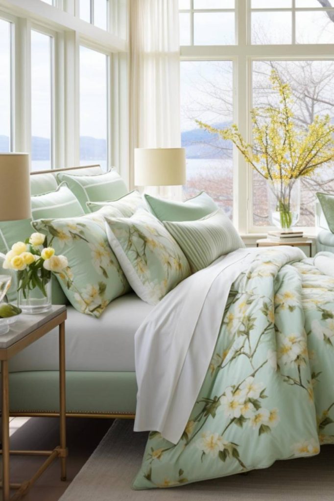 A bright bedroom with large windows, a bed with light green floral bedding, two beige lamps on bedside tables and a vase of yellow flowers. Trees and a lake can be seen outside.