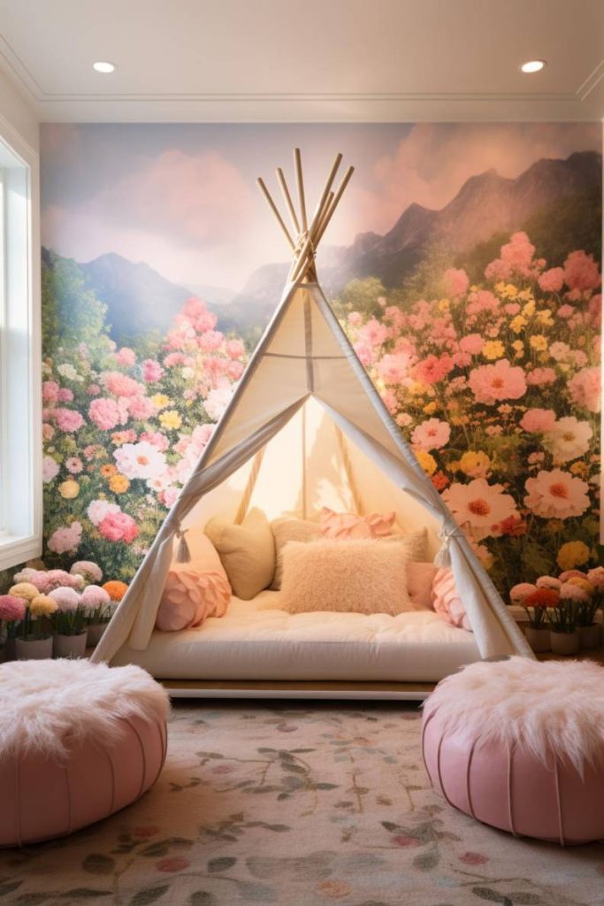 A cozy indoor tent with white and pink cushions stands in a room with pastel floral wallpaper, flanked by two pink stools and a large window to the left.