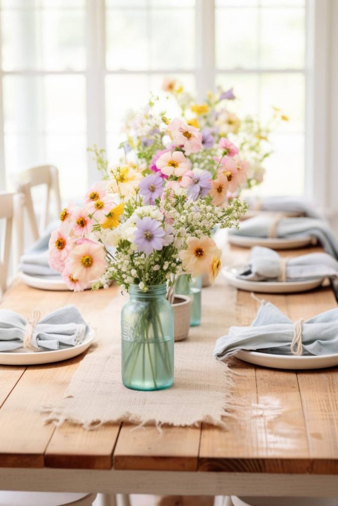 A wooden dining table with a light burlap runner, set with plates and napkins and decorated with pastel flowers in a glass vase. In the background there is a bright window with white frames.