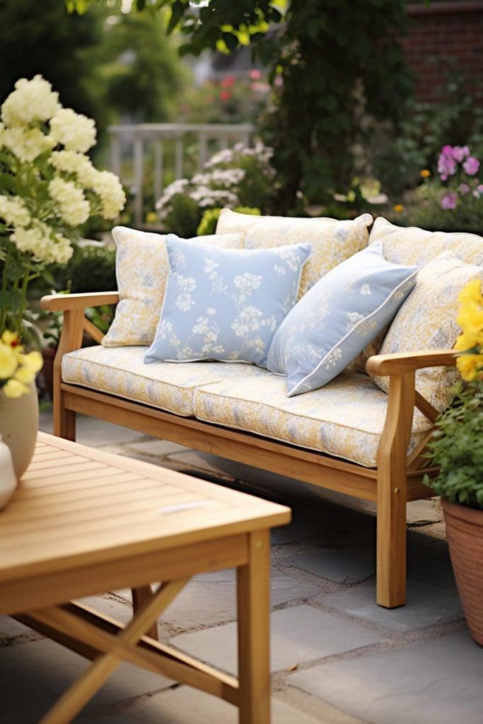 A wooden outdoor sofa with floral cushions and blue pillows stands in a garden next to a wooden coffee table surrounded by various plants and flowers.