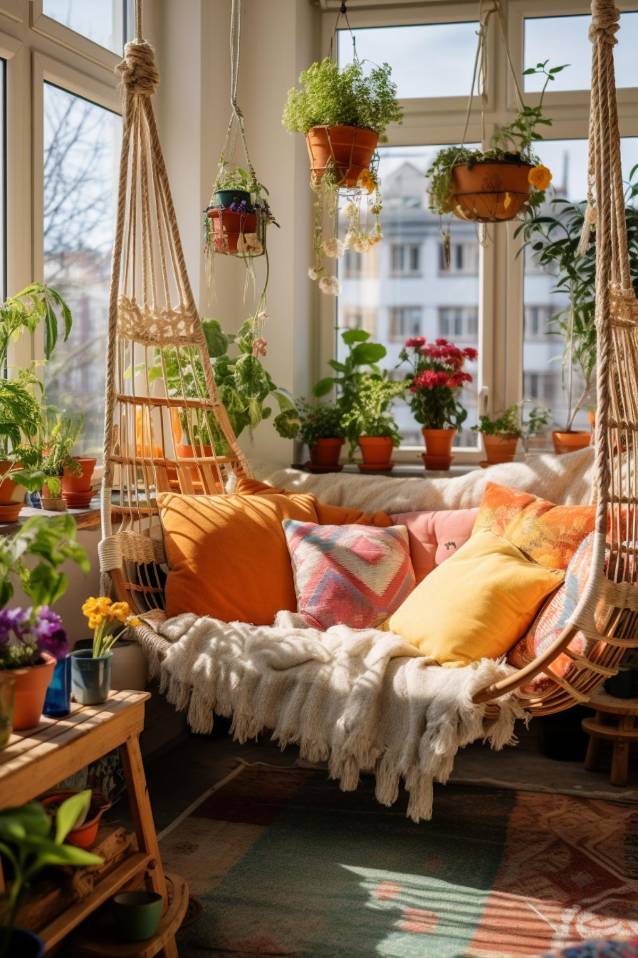 A cozy indoor seating area with a hanging chair, orange cushions and a blanket. Various potted plants and flowers sit on shelves around the room and hang from the ceiling.