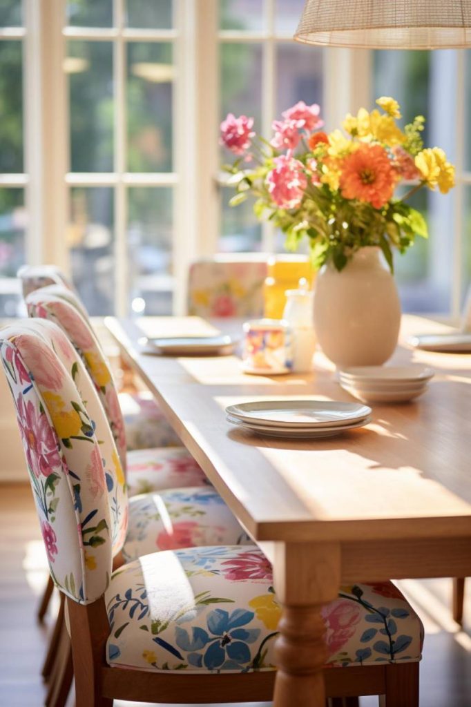 A sunlit dining table with white plates and a vase of colorful flowers surrounded by floral-upholstered chairs.