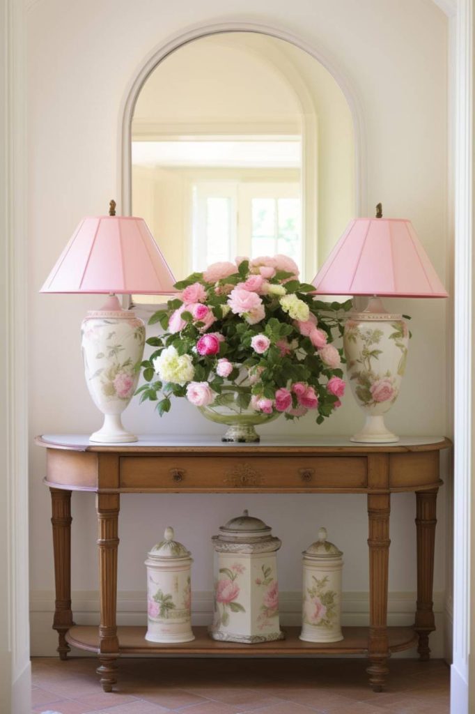 A wooden console table with two floral patterned lamps, a vibrant bouquet of pink and white flowers in a vase and decorative ceramic vessels below in front of an arched mirror.