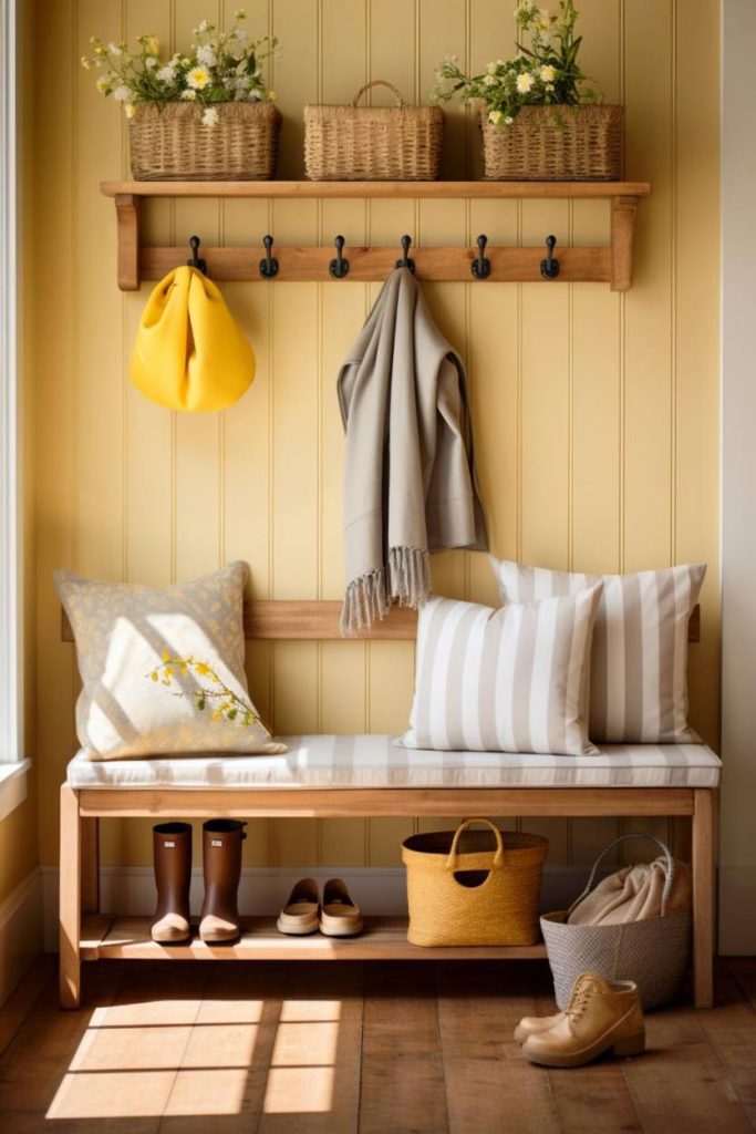 An entryway with a wooden bench upholstered with striped cushions, hooks with coats and bags, boots and baskets storing various items in front of a bright yellow wall.