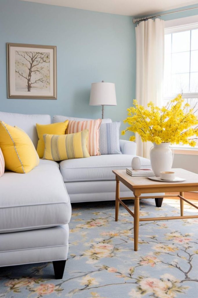 A brightly lit living room with a white sofa, colorful pillows, a wooden coffee table with a vase of yellow flowers, a blue floral rug and a framed painting on a light blue wall.