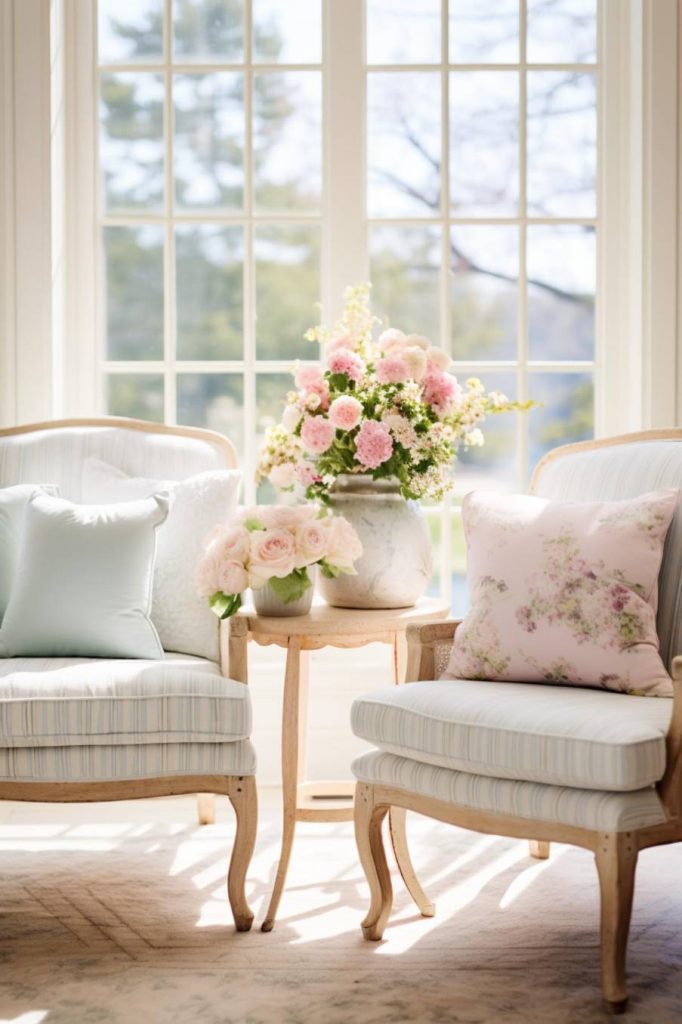 A bright, sunlit room with two striped armchairs, a small wooden table with flower arrangements and a large window with a view of the outdoors.