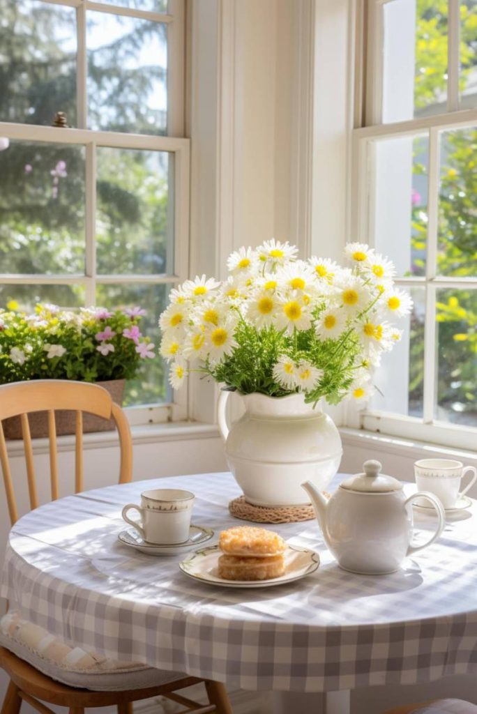 A sunlit tea table with a white tablecloth holding a white teapot, two teacups, a plate of pastries and a vase of daisies. In the background you can see a window with potted flowers.