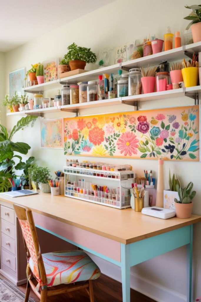 A colorful and organized art studio with a wooden desk, various art supplies, potted plants and two shelves above the desk with additional materials. The back wall is decorated with a vibrant floral painting.