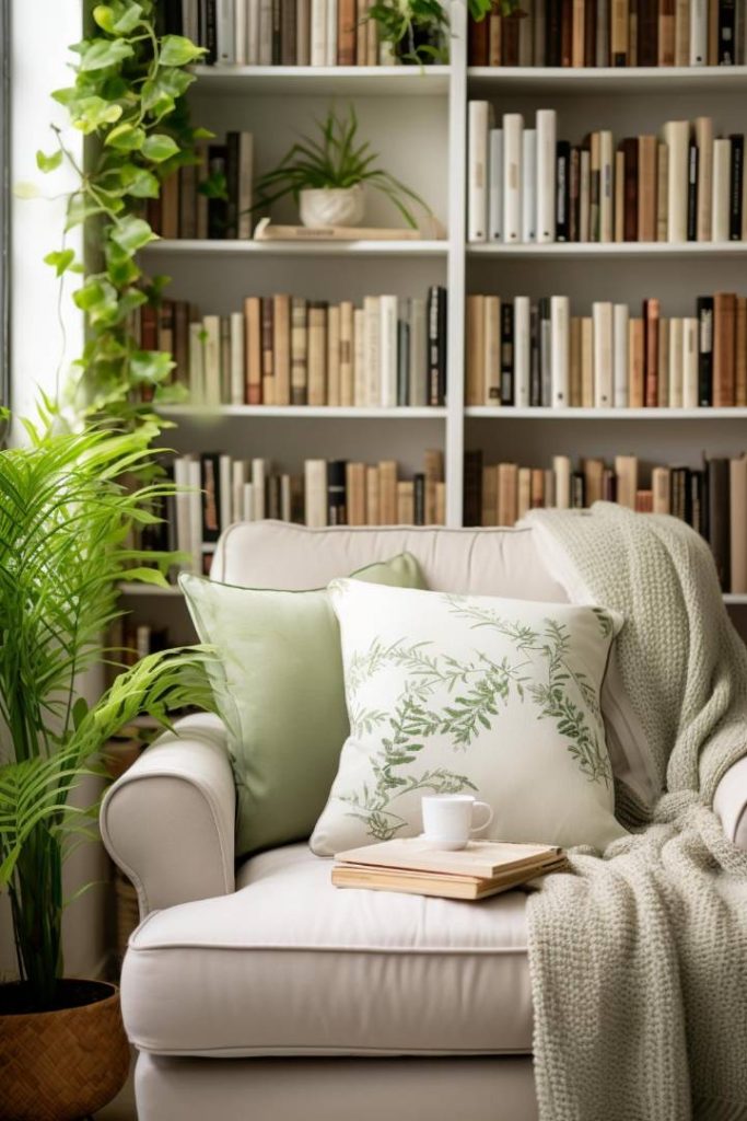 A cozy reading nook with a beige armchair with green accent pillows and a knitted blanket, next to a small table with a cup of coffee and an open book. In the background there are shelves with books and plants.