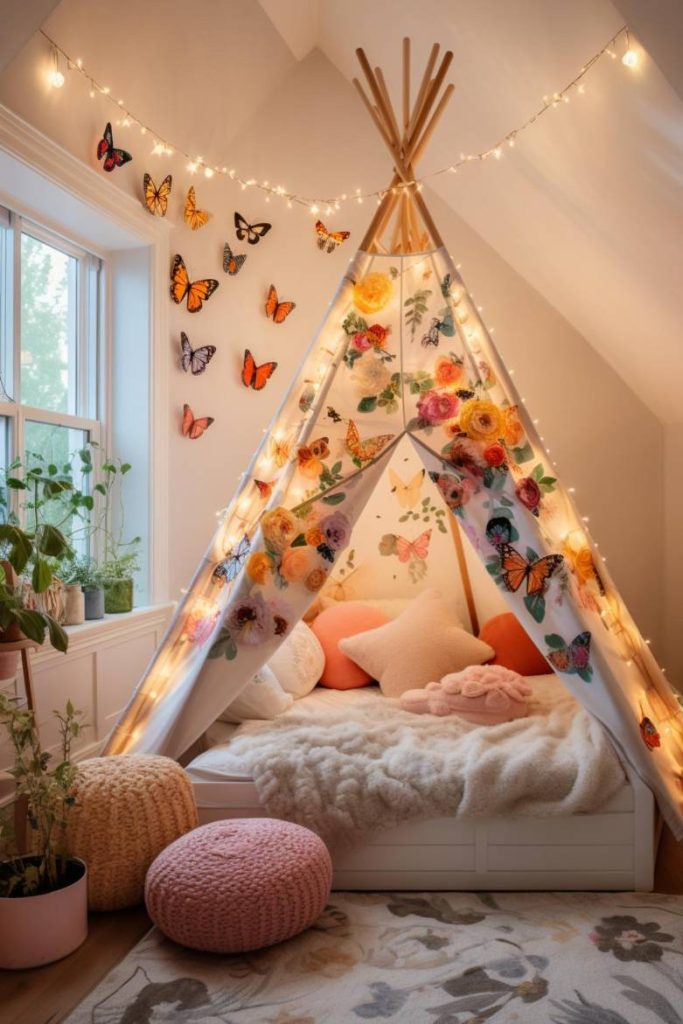 A cozy bedroom features a floral and butterfly-themed teepee tent with fairy lights surrounded by plants, a window to the left, and colorful pillows on the floor.